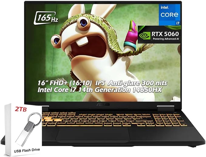 ASUS TUF Gaming F16 Laptop, 16" FHD+ 165Hz LCD 300nits, NVIDIA GeForce RTX5060, Intel Core i7-14650HX, 32GB DDR5 RAM 2TB SSD, WiFi6E, RGB Backlit KB, Win11, Jaeger Gray, w/2TB USB Drive, W/GaLiMu