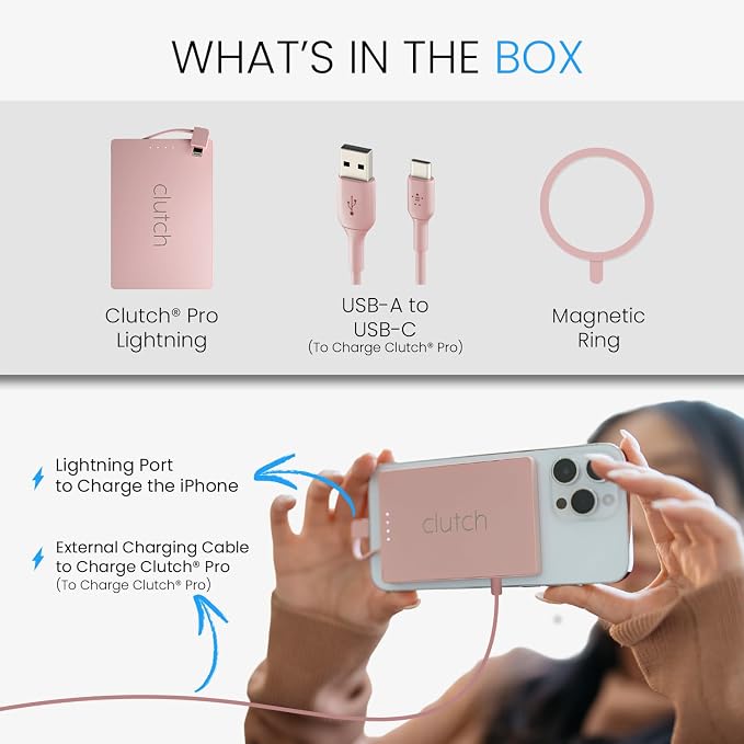 Clutch Pro – World's Thinnest iPhone Charger – Portable Power Bank 5000mAh – Magnetic Built-in Lightning Cable – TSA Approved Travel Charger – iPhone 14 & Earlier – Pink