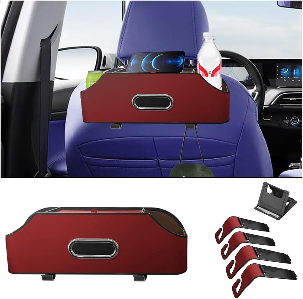 AUCELI Car Seat Back Organizer with Cup Holder and Tissue Box, Headrest Hanging Storage Box with Hooks and Phone Holder, Multi-Function Travel Tray for Kids, Road Trip Car Accessories