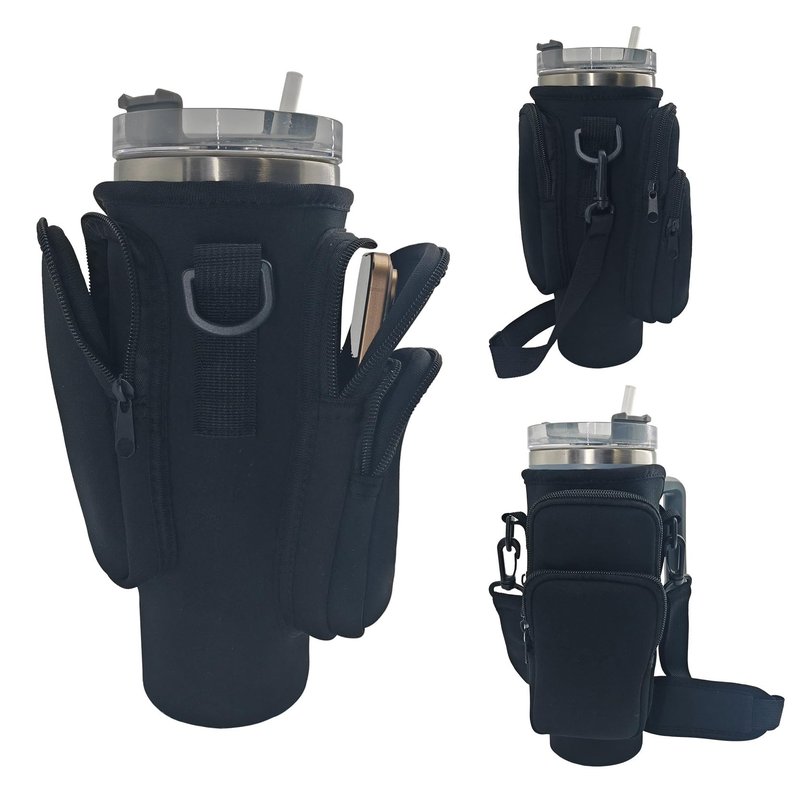 Water Bottle Carrier Bag with Phone Pocket for Stanley, Strap for Stanley Accessories 40 oz, Stanley Cup Accessories Total 3 Pockets, Stanley Cup Bag (Black Bottle Accessories)