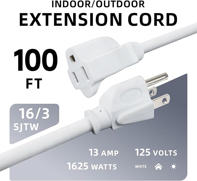 EP 100 Ft Outdoor Extension Cord - 16/3 SJTW White Electrical Cable with 3 Prong Grounded Plug