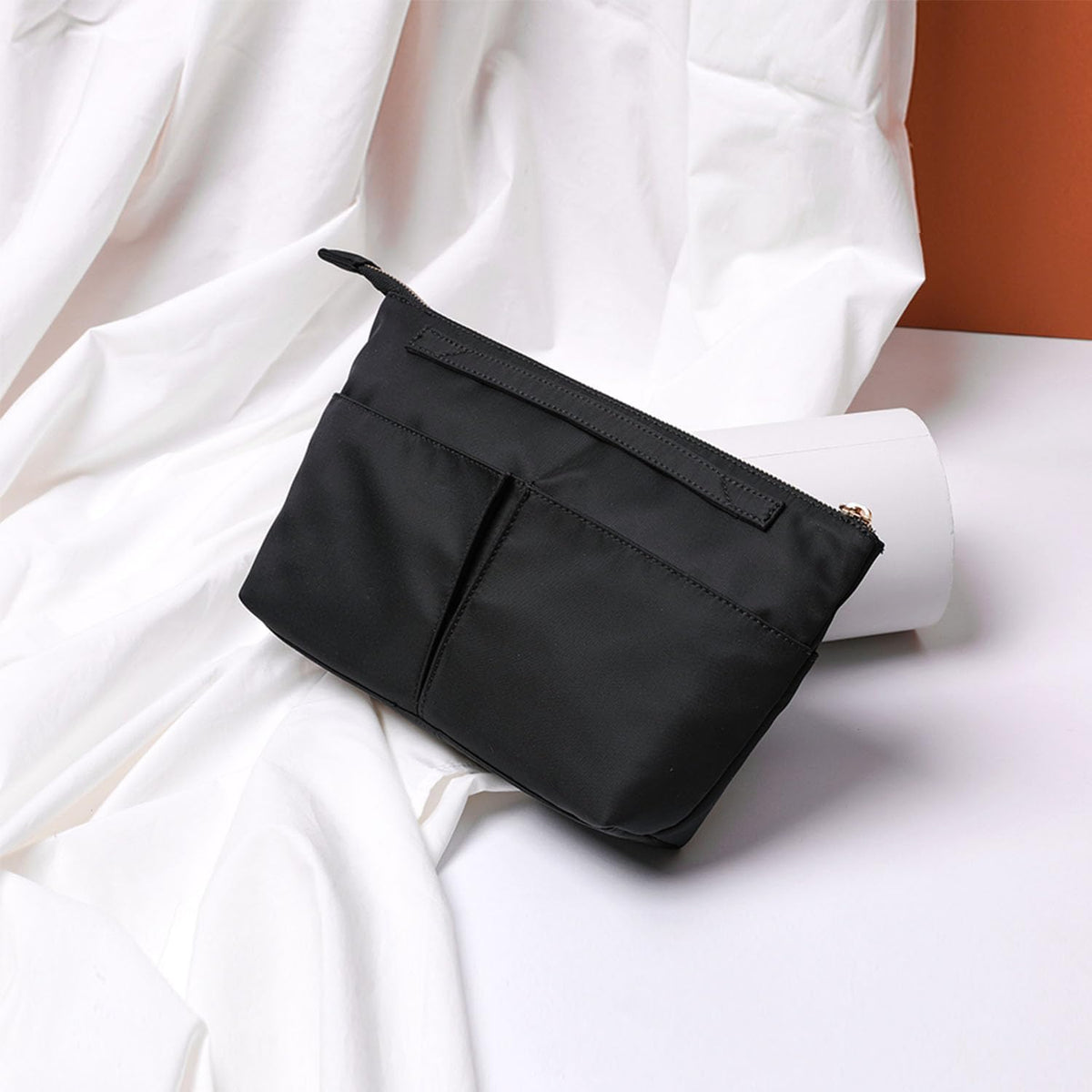 Cosmetic Bag Storage Organizer Insert Lightweight Waterproof Nylon Fabric with Zipper Closure Ideal for Travel Tote Bags（nylon-black）