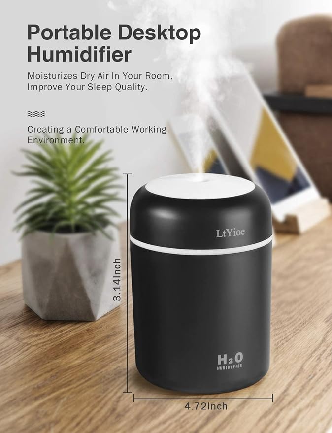 Humidifier Portable Mini Humidifiers for Bedroom, Personal Desktop Cool Mist Air Humidifier with Colorful Night Light, 2 Mist Modes & Auto Shut-Off, Super Quiet for Car Office Home (Black)