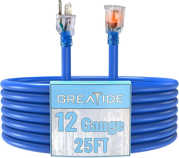 Outdoor Extension Cord with Lighted End, 12 Gauge Heavy Duty 25 FT, 3 Prong Grounded 15 Amp Extension Cord, 12/3 SJTW Waterproof Power Cord for Appliance, UL Listed, Blue