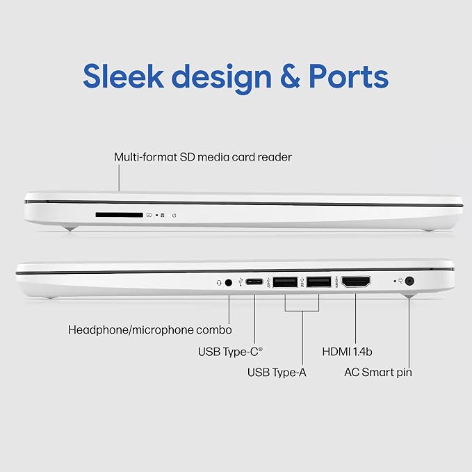 HP 14" Laptop · Microsoft 365 Included · 576GB Storage (64GB + 512GB SD) · 4GB RAM · HD Display · 12-Hour Battery · WiFi · Bluetooth · Windows 11 White