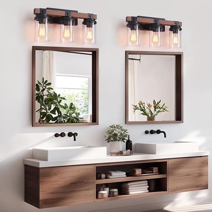 3 Light Farmhouse Vanity Light, Rustic Black Bathroom Light Over Mirror with Clear Glass Shade, Wood Grain Vintage Farmhouse Wall Sconces for Bathroom, Living Room, Hallway