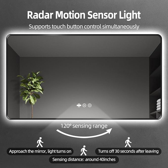 42 x 36 Black LED Bathroom Mirror, Metal Framed Rounded Corner Rectangle Backlit Mirror Bathroom, Anti-Fog, 3-Color Stepless Dimmable Lighted Mirror, Motion Sensor Lights, Memory Function