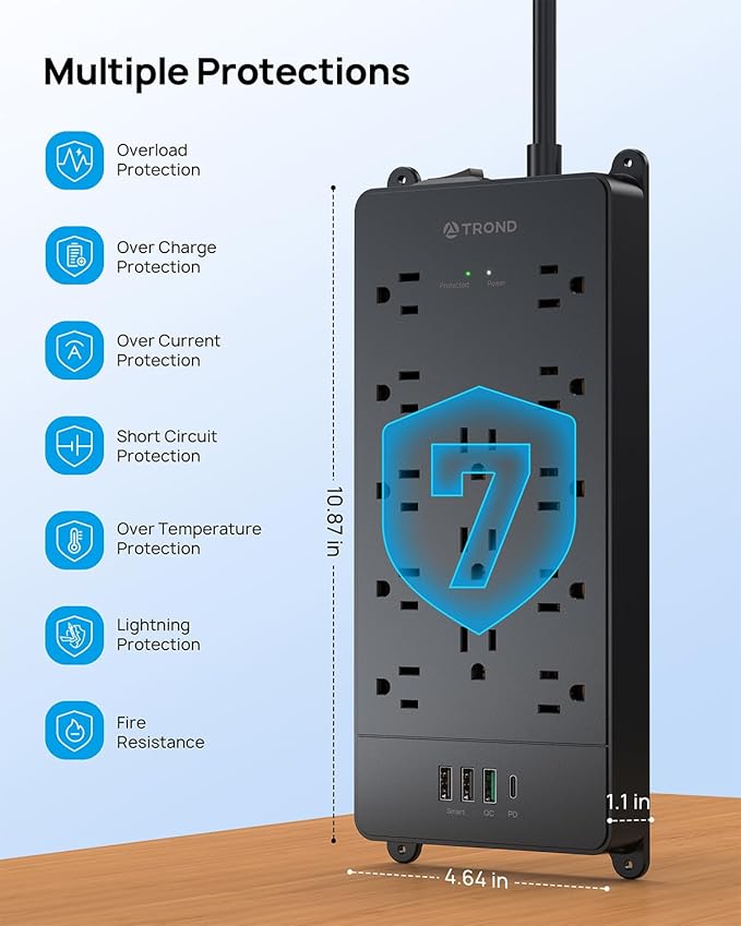 TROND Surge Protector Power Strip, 5ft Heavy Duty Extension Cord with 32W USB C & QC 3.0 Charger, 4000 Joules, ETL Listed, 13 Wide Spaced Outlets, Flat Plug, Wall Mount for Home Office Supplies, Black