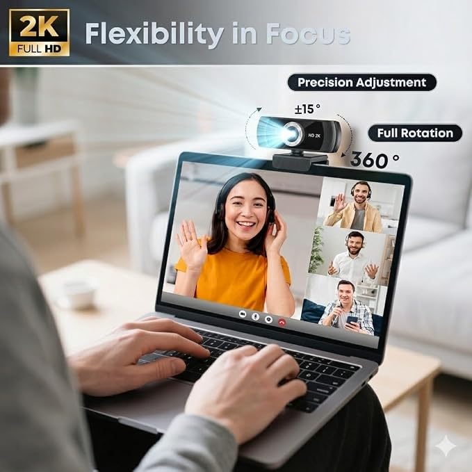 2K Webcam with Microphone, Noise Cancellation, Privacy Cover, Wide-Angle Lens