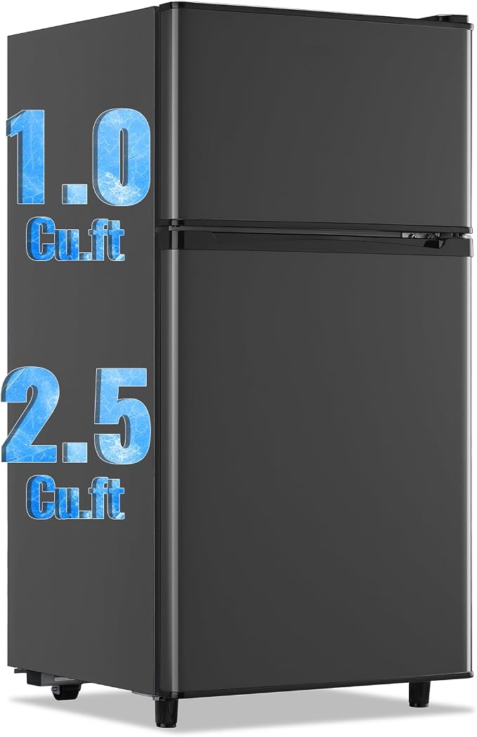 3.5 Cu.Ft Compact Refrigerator Gray, Dual-Door MIni Fridge for Home | 2 Removable Glass Shelves, Large Capacity with 7 Settings, Low Consumption for Dorm Apartment