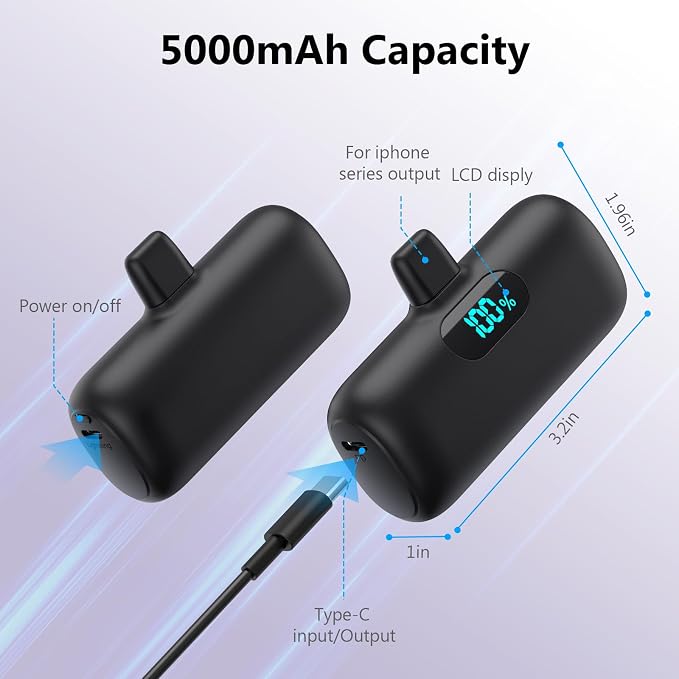 Mini Portable Charger for iPhone 14/13 Series,Upgraded 5000mAh PD Fast Charging Battery Pack,LCD Display Cute Power Bank Portable Phone Charger for iPhone 14/14 Pro Max/13/12 Pro/11/XS/XR/X/8/7/6