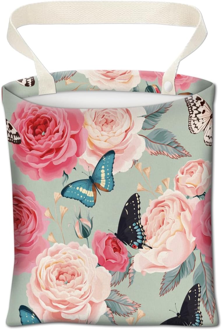 Car Trash Can, Cute Car Trash Bag, Hanging Car Organizer and Storage Bag, Trash Bin for Car Accessories, Vehicle, Travelling, Camping Cute Flower and Butterfly