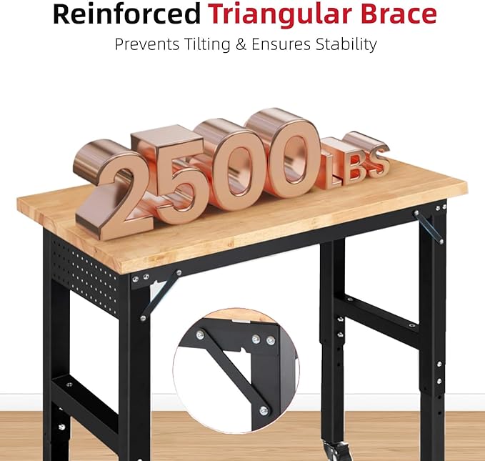ENJOYWOOD 48" x 20" Heavy Duty Workbench with Wheels, Adjustable Height Garage Work Table with Solid Rubberwood Top, Pegboard & Power Outlets for Workshop, Home & Office