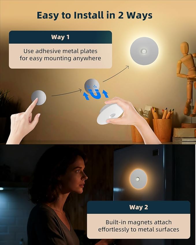 Yiliaw Motion Sensor Night Light, Rechargeable Nightlight Indoor, Warm White with Wireless Magnetic Mount, Adjustable Brightness & 3 Color Temps for Hallway, Stairway, Bathroom, Closet (2 Pack)