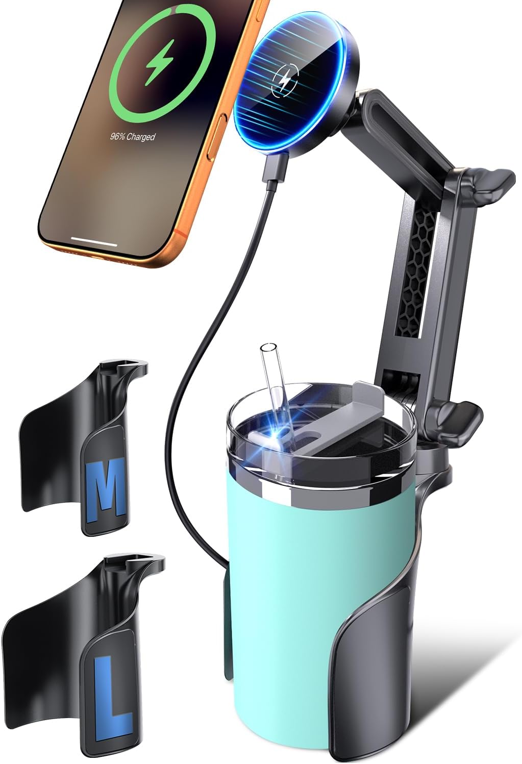 ELWEY for Magsafe Car Mount Charger Wireless, Upgraded 3 in 1 Cup Phone Holder with Dual Flexible Bases, 15W Fast Charging Phone Holder Magnetic, Powerful N55 Magnet, 15" Height, for iPhone 17 16 15