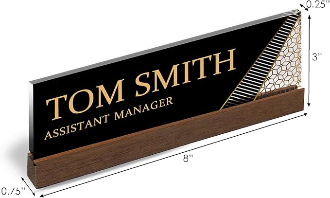 Artblox Personalized Office Desk Name Plate and Business Card Holder | Clear Acrylic Glass with Teak Wood Stand | Abstract Shapes Design Customized with Your Name and Credentials Office Desk Décor