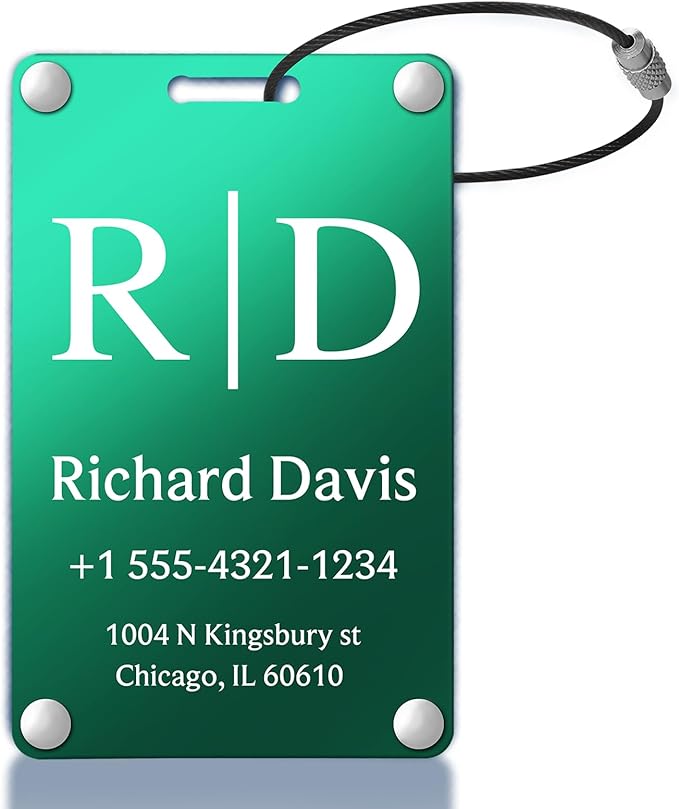 Personalized Luggage Tags for Suitcases - Monogram Style Aluminum Custom Luggage Tags for Backpacks & Bags, Sturdy, Waterproof & Heavy Duty (Green/Card-Sized)