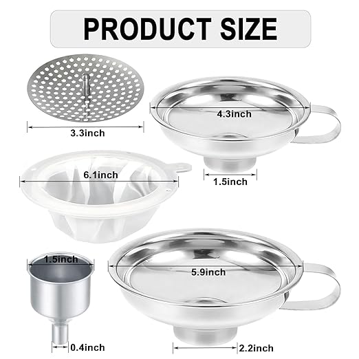 Stainless Steel Food Canning Funnels for Kitchen Use,Wide Mouth Funnel for Regular Mason Jar,Large Canning Supplies Kit for Filling Bottle(2pcs funnels,Strainer,mesh,Dispensing Funnel)