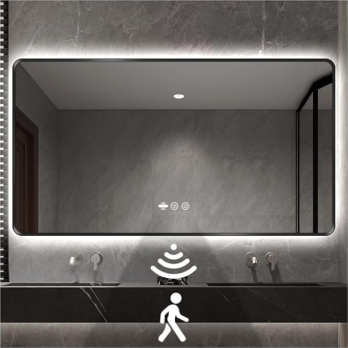 56 x 36 Black LED Bathroom Mirror, Metal Framed Rounded Corner Rectangle Backlit Mirror Bathroom, Anti-Fog, 3-Color Stepless Dimmable Lighted Mirror, Motion Sensor Lights, Memory Function