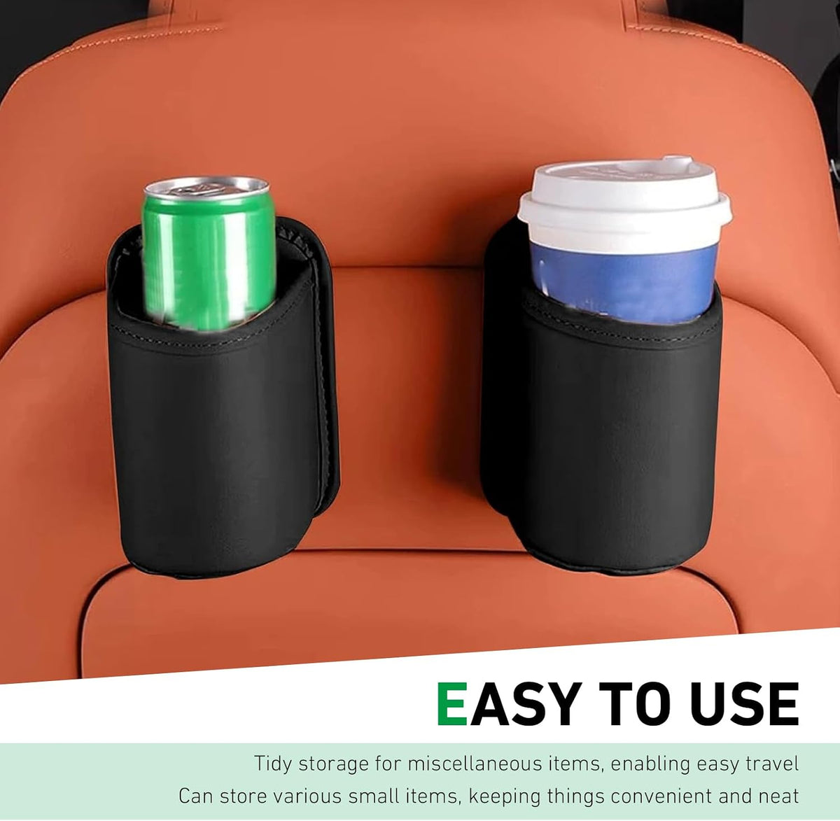 2PCS Car Cup Holder, Large Capacity Car Door Seat Clip-on Beverage Pocket Organizer, Leather Multi-Function Storage Bag, Universal for Most Sedans, Trucks, SUVs (Black)