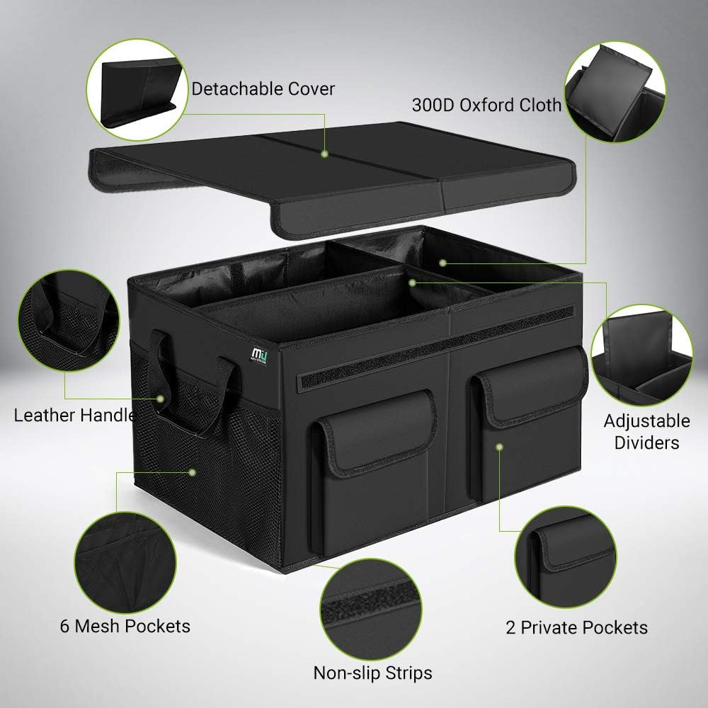 MIU COLOR Car Trunk Organizer with Lid, Collapsible Car Storage Organizer with Reinforced Leather Handles, Non-Slip Bottom, Trunk Organizer for SUV, Van, Jeep (Black with Strap, Extra Large)