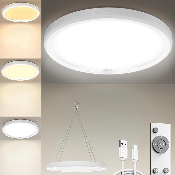 Motion Sensor Light Indoor with Remote And Hanging Chain, Rechargeable 3 Colors Ceiling Lights, Magnetic Wireless LED Closet Lamp,Battery Powered for garage Shower Stairs Hallway Shed Pantry Patio