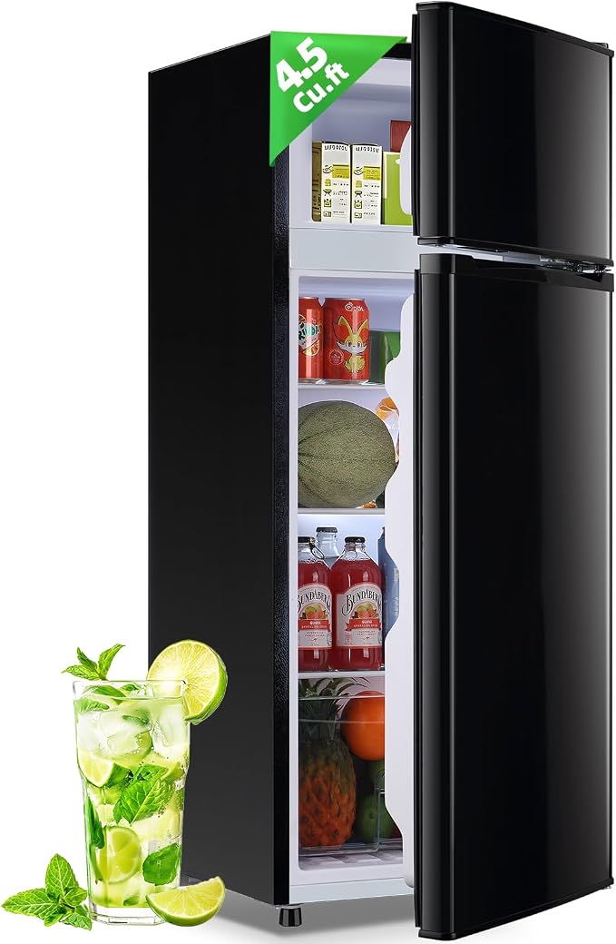 DEMULELR 4.5Cu.ft Small Mini Refrigerator with Freezer Black Two Door Mini Fridge with Crisper Drawer & Extra Drink Space, LED Light, Apartment Size Fridge for Dorm Office 17.5" W x 18.5" D x 43" H