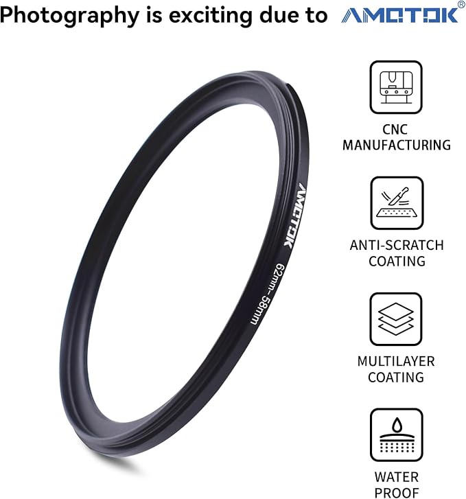 62mm Lens to 55mm Camera Lens Adapter, 62mm-55mm Filter Step-Down Ring