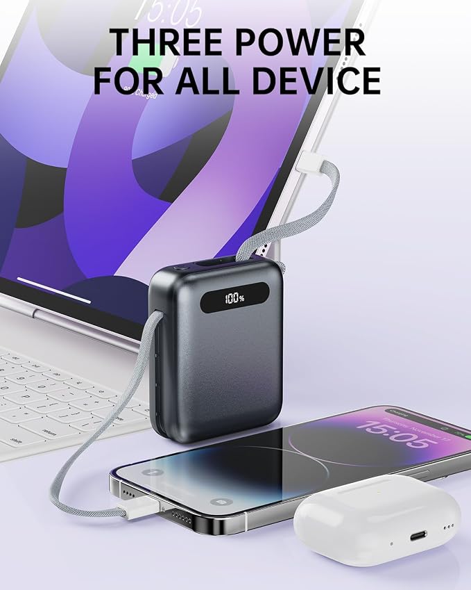 Portable Charger Power Bank, Ultra Mini 10000mAh Portable Charger with Built-in Cables, 35W Fast Charging Battery Pack, Travel Essential Compatible with iPhone 17 16 15 Samsung S22 S21 Google iPad etc