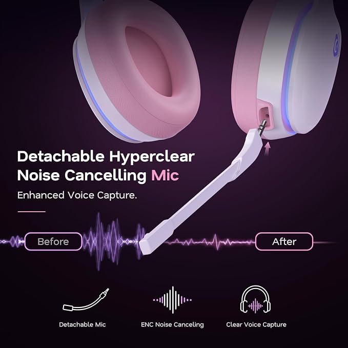 AOC 2.4GHz Wireless Gaming Headset for PS5, PS4, PC, Switch, 45Hr, Pink | Bluetooth 6.0 Gaming Headphones with Noise Canceling Mic, 7.1 Virtual Surround, Great for Fortnite & Call of Duty/FPS Gamers