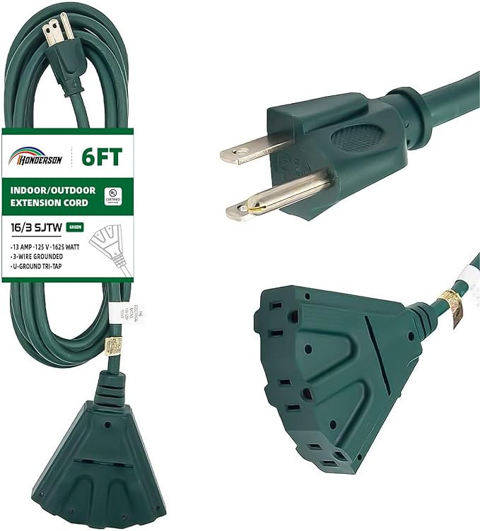 3-Outlets Indoor Outdoor Extension Cord Weatherproof, UL Certified, 16 Gauge 6FT Green 3 Prong Heavy Duty, 16/3 SJTW 13A Power Cord