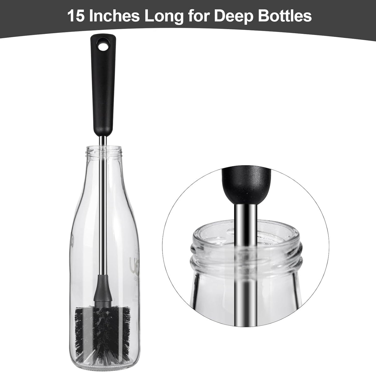 Skiennix Water Bottle Brush - 15-Inch Stainless Steel Handle for Easy Cleaning | Ideal for Cups, Tumblers, and Decanters - Black