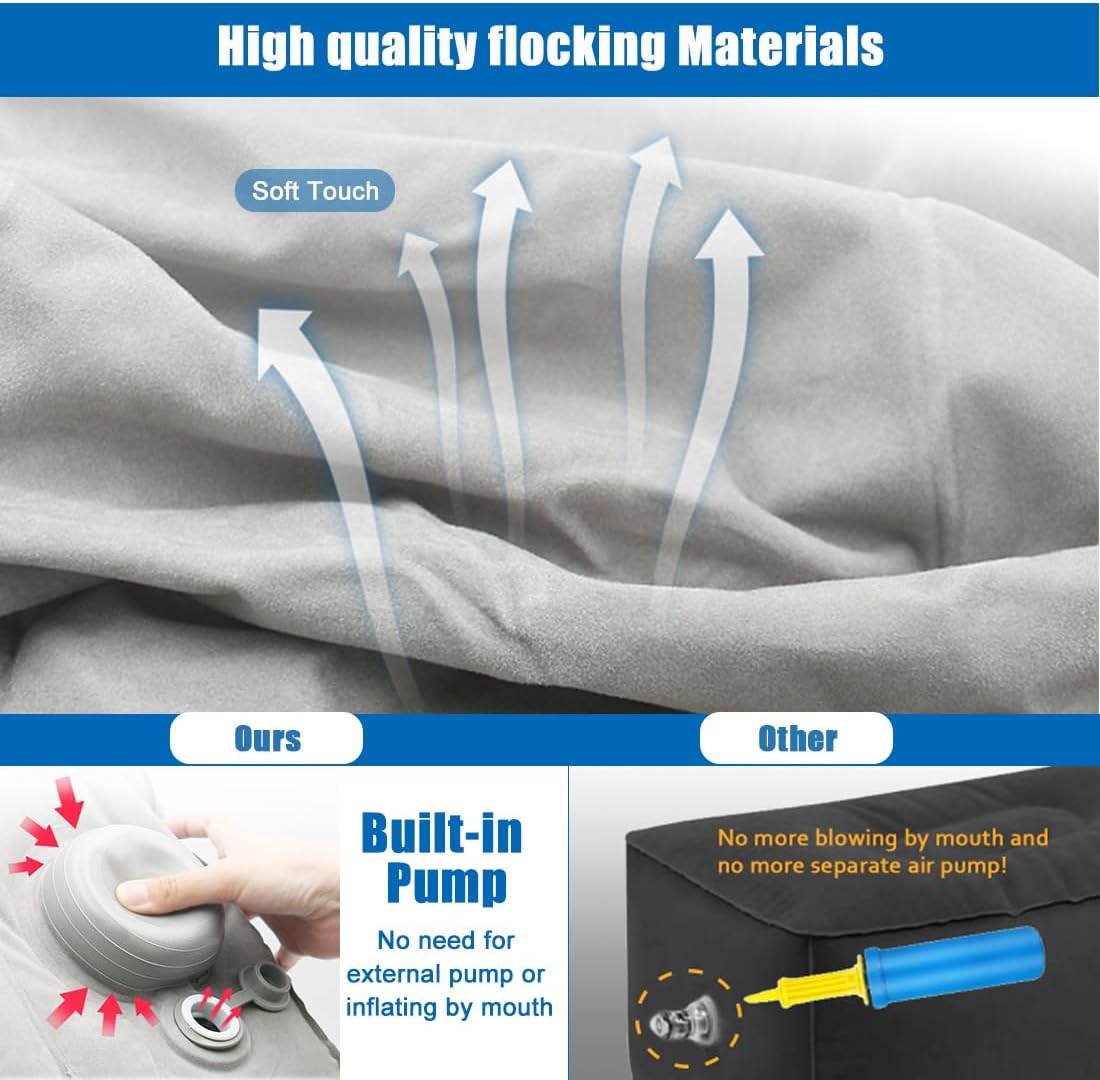 2 Pack Inflatable Foot Rest for Air Travel,Airplane Travel Foot Rest Adjustable Height,Car/Airplane,Footrest Pillow with Pump for Office,Airplane,Train,Cars,Home