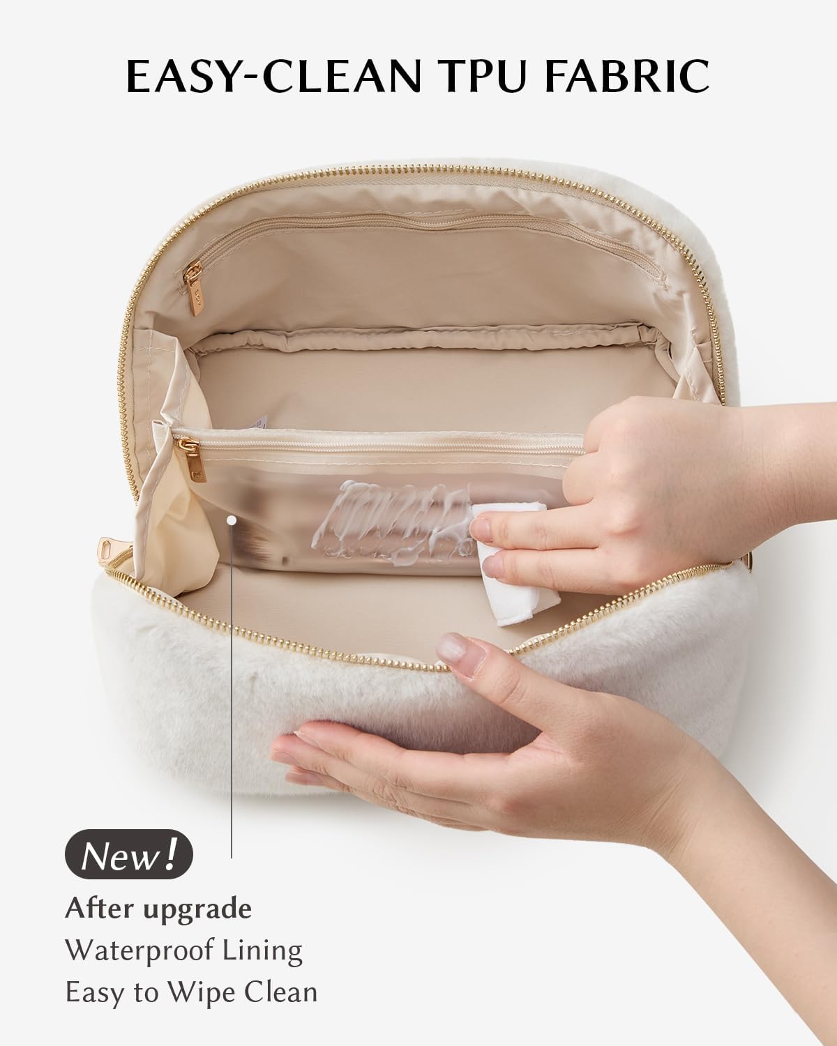 EACHY Travel Makeup Bag for Women, Faux Fur Cosmetic Bag, Beige, Medium