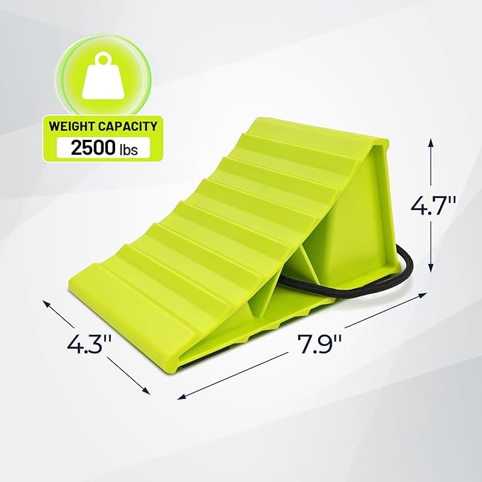 HOXWELL 2 Pair Wheel Chocks for Travel Trailers, Non Slip Heavy Duty Green Wheel Chock with Rope, Lightweight Wheel Stoppers for Cars Campers Trucks RVs, Easy to Carry & Suitable for Most Tyre Sizes