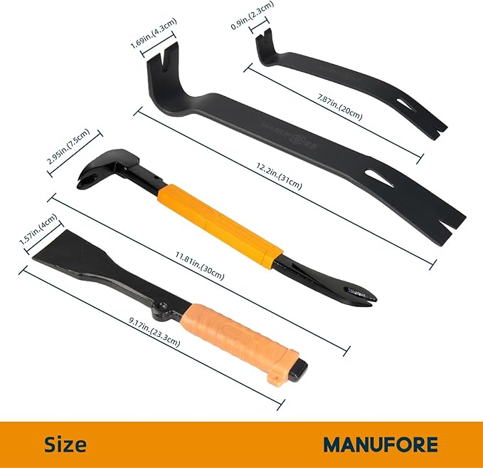 MANUFORE 4pcs Pry Bar Nail Puller Set, 12” Flat Pry Bar, 7.5” Flat Pry Bar, 12” Crow Bar with Hammer, 9” Chisel (Orange)