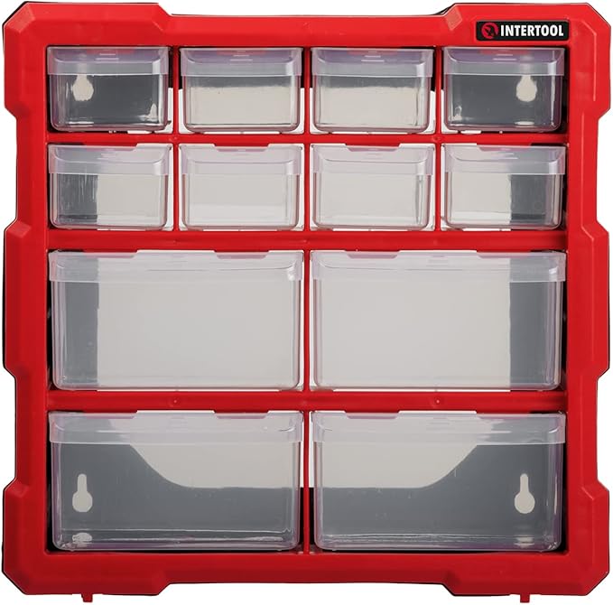 INTERTOOL Small Parts Organizer - 12 Removeable Bin Drawers - Tool Box for Storing Hardware and Garage Organization - For Screws, Bolts, Legos, Arts and Crafts - 10” x 10” x 6” - BX08-4024