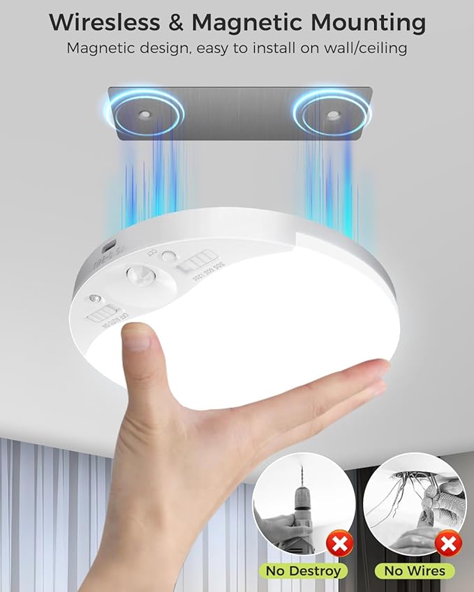 Rechargeable Motion Sensor Ceiling Light with Remote, 3000K/4000K/6500K, Magnetic Wireless Ceiling Light Battery Powered, Dimmable, Timer, Motion Activated, for Closet Shower Hallway Pantry, 1Pack