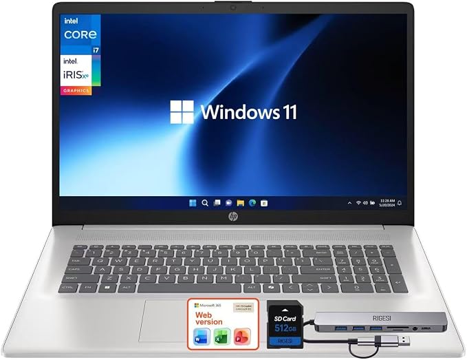 HP 17.3" FHD Thin & Lightweight Business Laptop · New Edition · Intel Core i7-1355U · 32GB RAM · 1TB SSD + 512GB SD Card for Expanded Storage · Windows 11 Pro · Wi-Fi 6 · Copilot Key · Silver