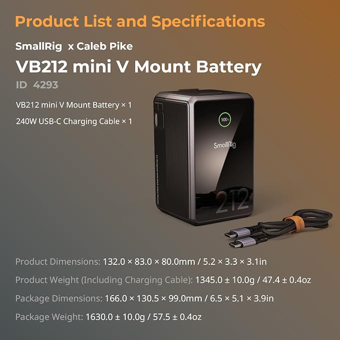 SMALLRIG V Mount Battery VB212, 212Wh / 14400mAh V Mount Battery