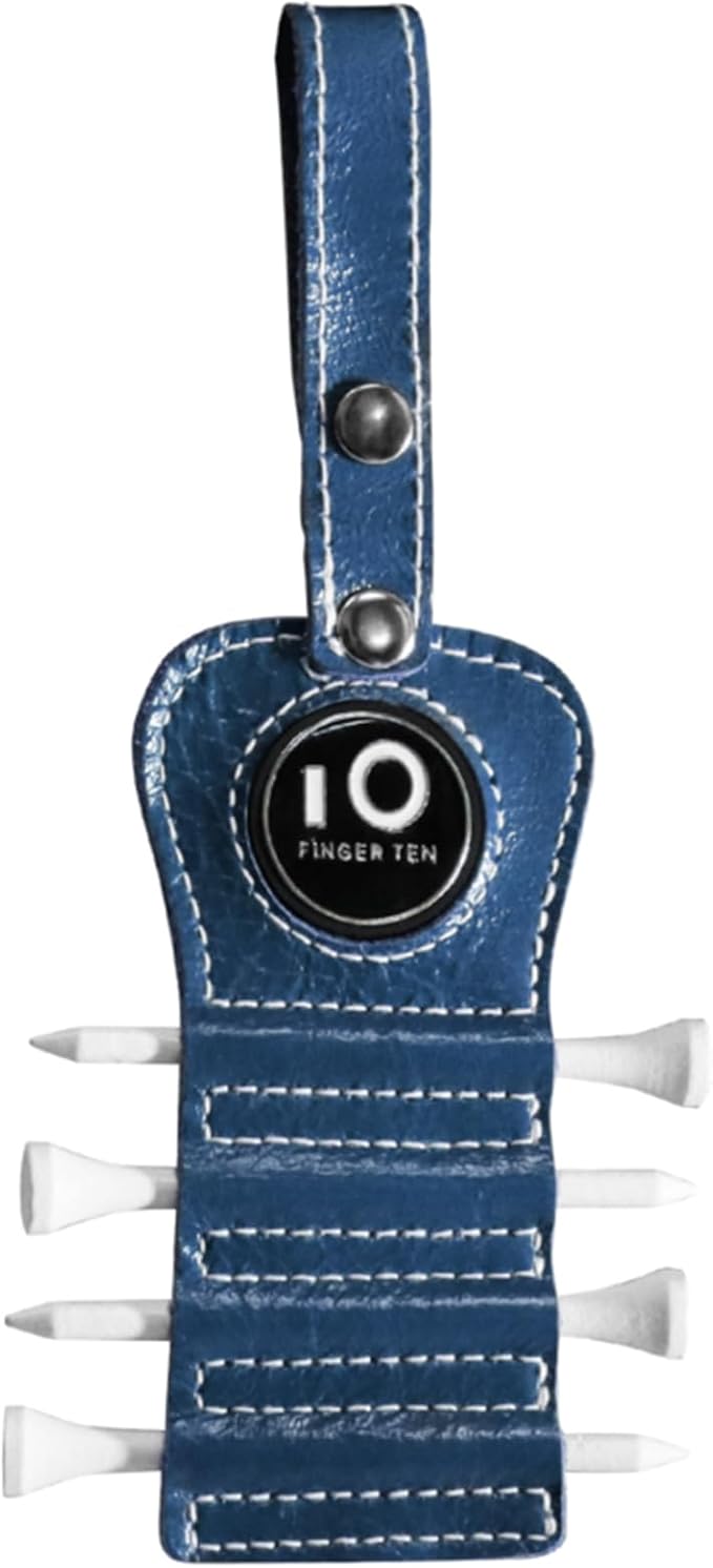 FINGER TEN Golf Tee Holder with Ball Marker and 4 Pcs Wood Tees Value 1/2 Pack, Luxury Leather Gift Hook to Golf Bag Belt Clip