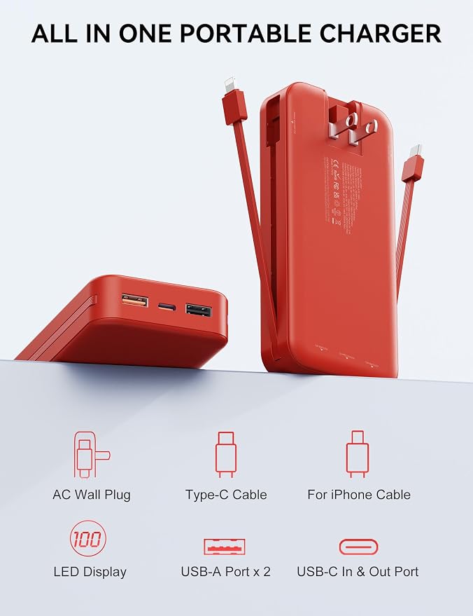 Portable Charger, 20000mAh 22.5W Fast Charging Power Bank with Built-in Cables & Wall Plug, USB C External Battery Pack with LED Display, Travel Essentials Phone Charger for iPhone iPad Samsung Red