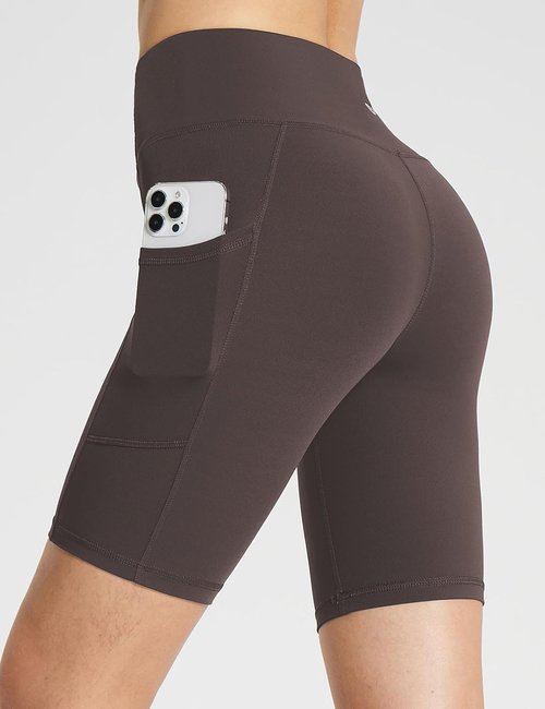 Baleaf Women's High-Waisted Spandex Biker Shorts - 8" Compression with Pockets | Brown XXXL