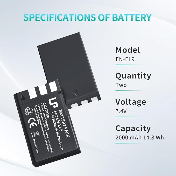EN-EL9 EN EL9a Battery Pack, LP 2-Pack 2000mAh Rechargeable Li-Ion Battery Set