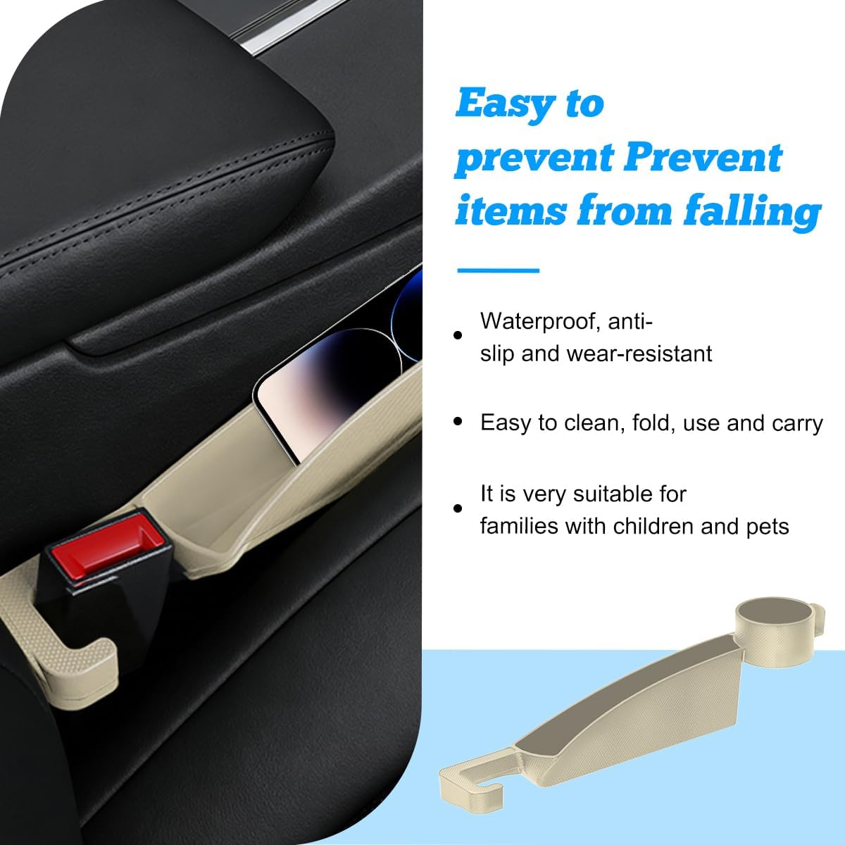Car Seat Gap Filler, 2PCS Anti-Drop Multifunctional Vehicle Seat Side Gap Plug with Storage Slot, Automotive Blocker Seam Filler Console Organizer, Universal for SUV RV Truck (Beige)