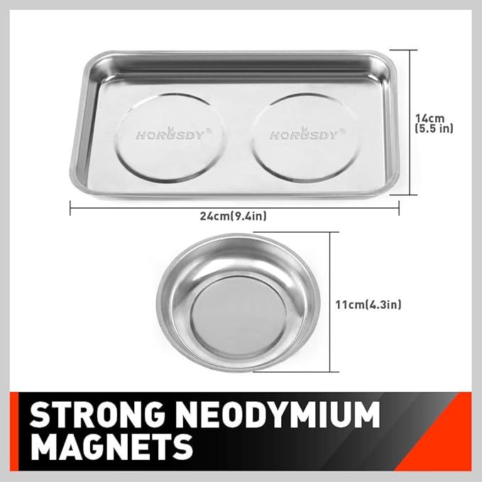 HORUSDY 4-Piece Large Magnetic Parts Tray Set, Stainless Steel Heavy Duty 9.5" W x 5.5''L Square and 4.5" Round Magnetic Trays Tools Parts Tray