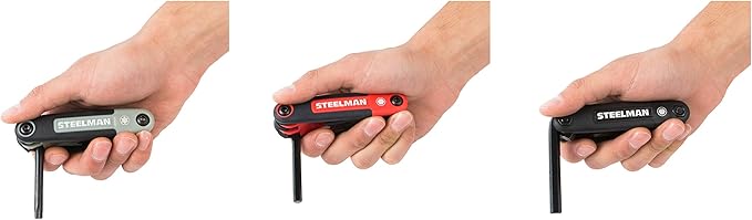 Steelman 3-Piece Set Folding Hex Key Wrench Tools, SAE, Metric, and Torx Allen Wrench Sets, Chamfered Ends, Rubberized Grip