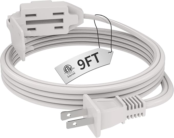 PLUGTUL Indoor White Extension Cord 9 Feet, 3-Outlet Household Extension Cord, 2 Prong, 16 Gauge, 3 Polarized Outlets with Safety Cap Protect for Home Office, 16/2 SPT-2 ETL Listed