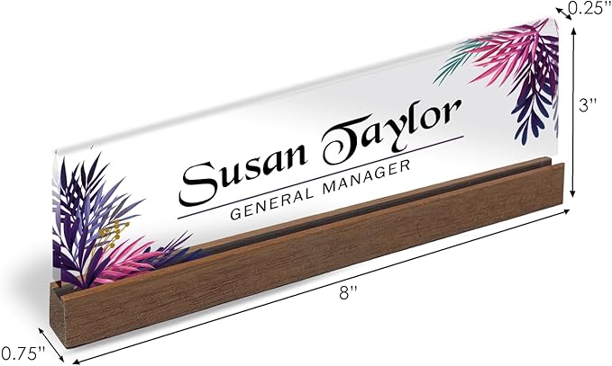 Artblox Personalized Office Desk Name Plate and Business Card Holder | Clear Acrylic Glass with Teak Wood Stand | Leaf Design Customized with Your Name and Credentials Office Desk Decor