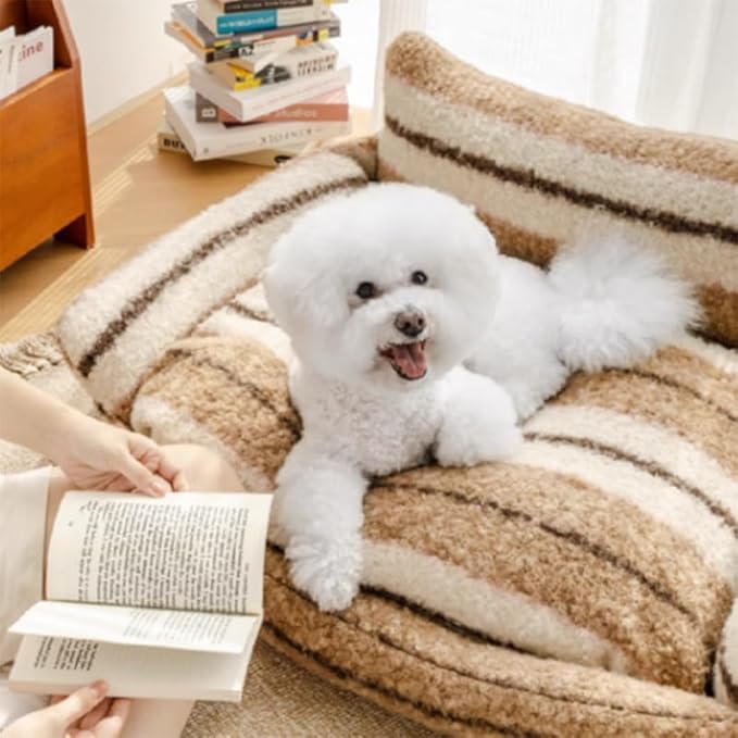 Lazy Holiday Plush Cozy Dog & Cat Sofa Bed, Teddy Velvet Dog Bed, Trendy Striped Faux Lambswool Double Layer Dog & Cat Sofa Bed Dogs Sleeping Mat for Medium Small Dogs & Cats (A-2,L)